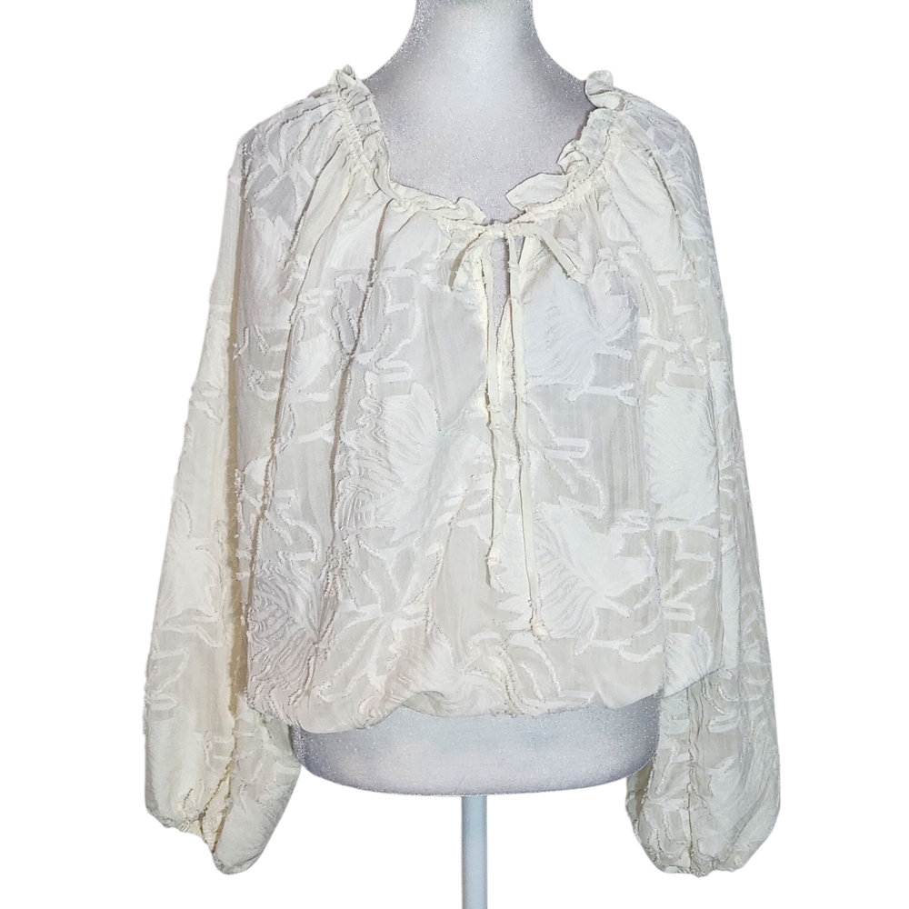 Peach Cream Cropped Sheer Blouse with Full Sleeves Size XL Cream Boho Top